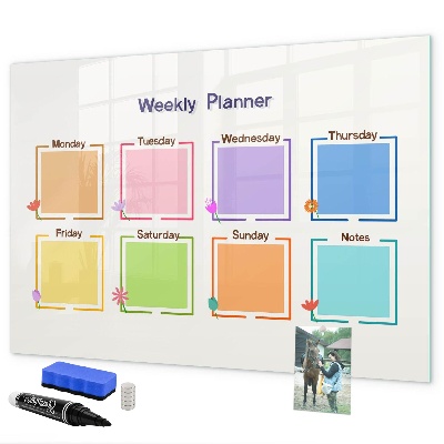 Decoratief glazen wandbord beschrijfbaar en magnetisch Weekplanner met ruimte voor foto's