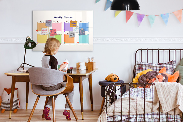 Decoratief glazen wandbord beschrijfbaar en magnetisch Weekplanner met ruimte voor foto's