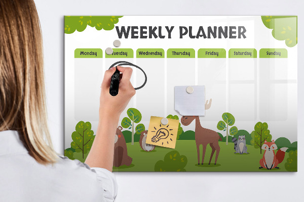Memobord van glas met print inclusief neodymium magneten Weekplanner met een bosthema