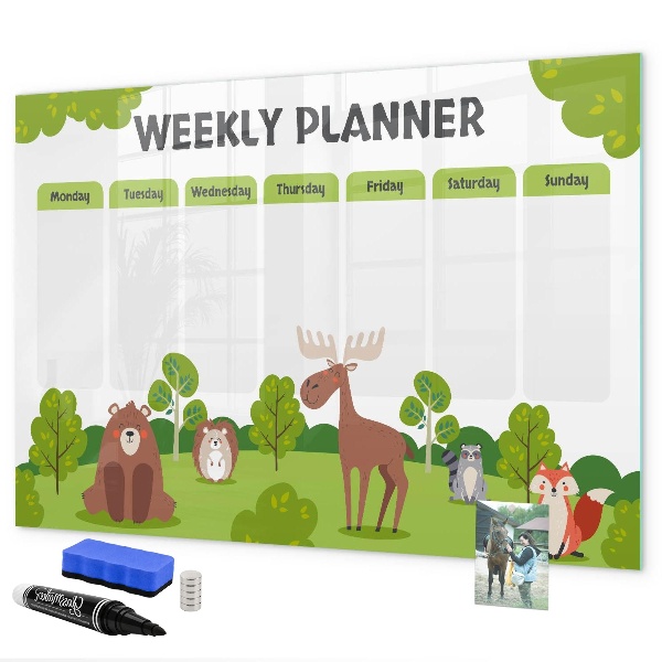 Memobord van glas met print inclusief neodymium magneten Weekplanner met een bosthema