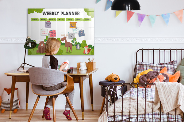 Memobord van glas met print inclusief neodymium magneten Weekplanner met een bosthema