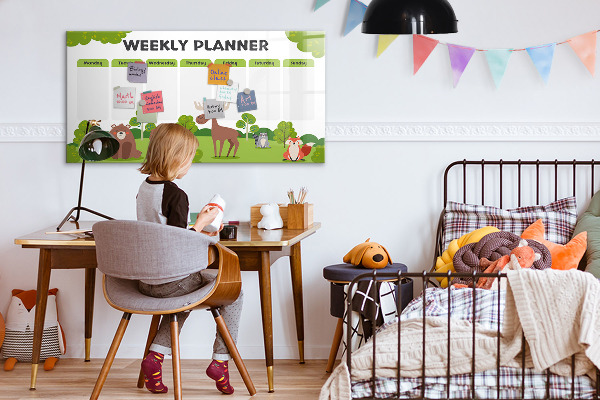 Memobord van glas met print inclusief neodymium magneten Weekplanner met een bosthema