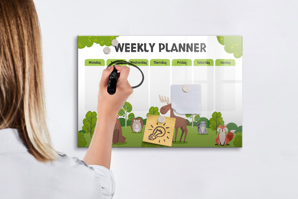 Memobord van glas met print inclusief neodymium magneten Weekplanner met een bosthema