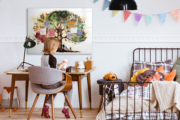 Decoratief glazen wandbord beschrijfbaar en magnetisch Herinneringsboom met persoonlijke foto's
