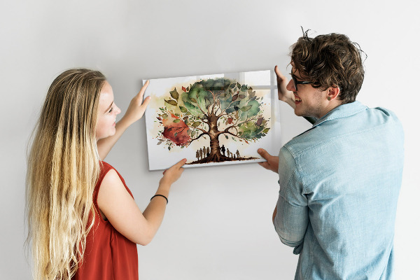 Decoratief glazen wandbord beschrijfbaar en magnetisch Herinneringsboom met persoonlijke foto's