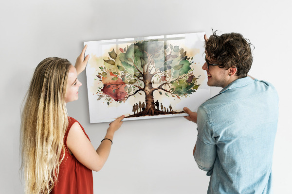 Decoratief glazen wandbord beschrijfbaar en magnetisch Herinneringsboom met persoonlijke foto's