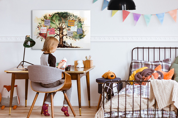 Decoratief glazen wandbord beschrijfbaar en magnetisch Herinneringsboom met persoonlijke foto's