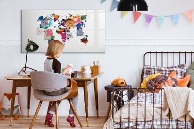 Memobord van glas met print inclusief neodymium magneten Kleurrijke wereldkaart met foto's