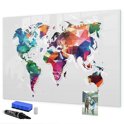 Memobord van glas met print inclusief neodymium magneten Kleurrijke wereldkaart met foto's