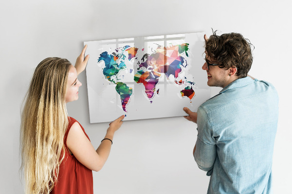 Memobord van glas met print inclusief neodymium magneten Kleurrijke wereldkaart met foto's