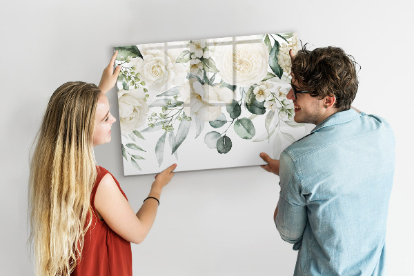 Decoratief glazen wandbord beschrijfbaar en magnetisch Bloemenmotief met ruimte voor foto's