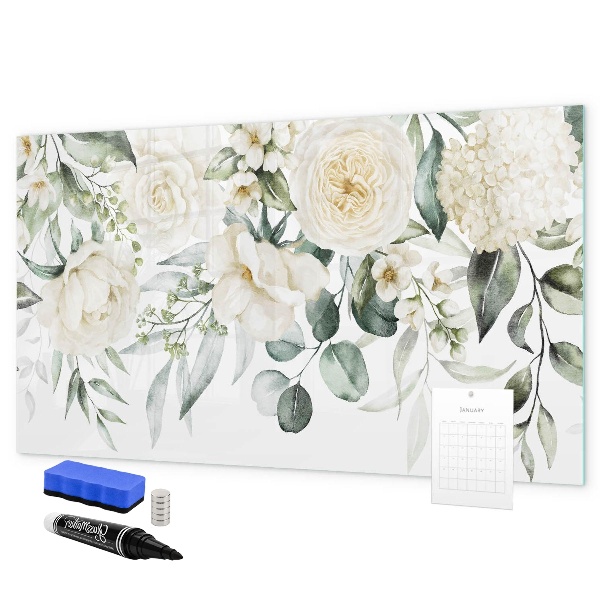 Decoratief glazen wandbord beschrijfbaar en magnetisch Bloemenmotief met ruimte voor foto's