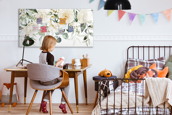 Decoratief glazen wandbord beschrijfbaar en magnetisch Bloemenmotief met ruimte voor foto's