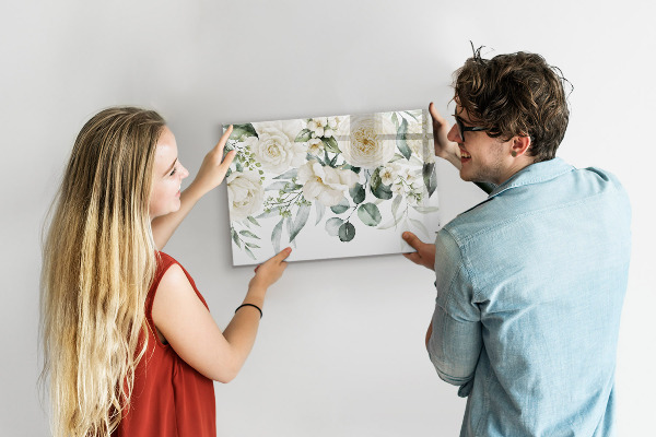 Decoratief glazen wandbord beschrijfbaar en magnetisch Bloemenmotief met ruimte voor foto's