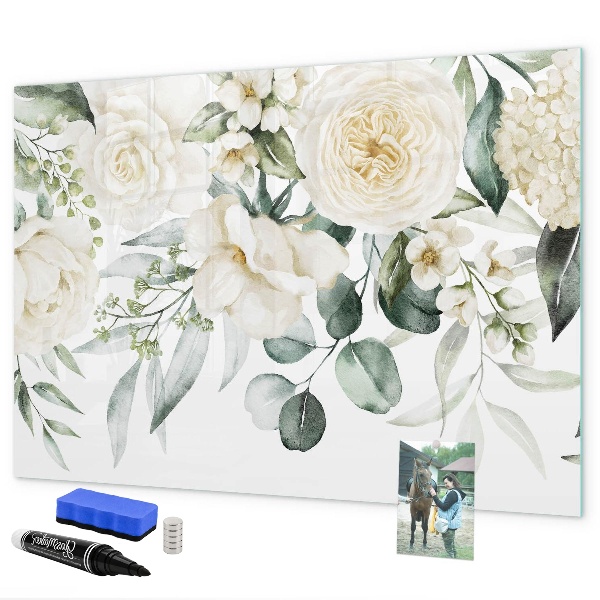 Decoratief glazen wandbord beschrijfbaar en magnetisch Bloemenmotief met ruimte voor foto's