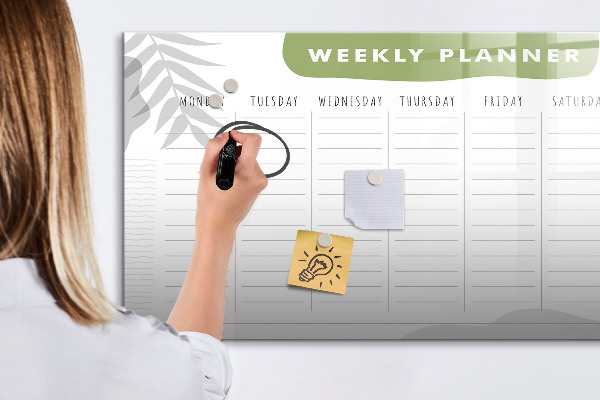 Memobord van glas met print inclusief neodymium magneten Weekplanner met ruimte voor foto's