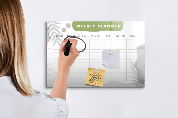 Memobord van glas met print inclusief neodymium magneten Weekplanner met ruimte voor foto's