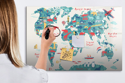 Decoratief glazen wandbord beschrijfbaar en magnetisch Interactieve wereldkaart met magneten