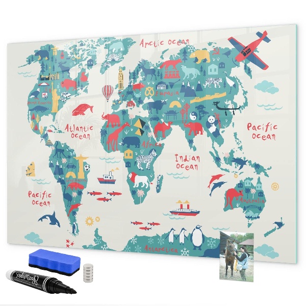 Decoratief glazen wandbord beschrijfbaar en magnetisch Interactieve wereldkaart met magneten