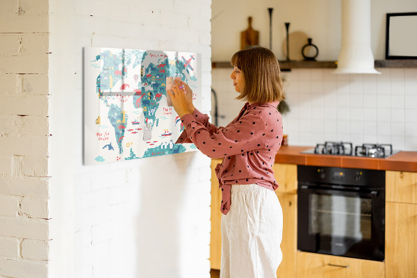 Decoratief glazen wandbord beschrijfbaar en magnetisch Interactieve wereldkaart met magneten