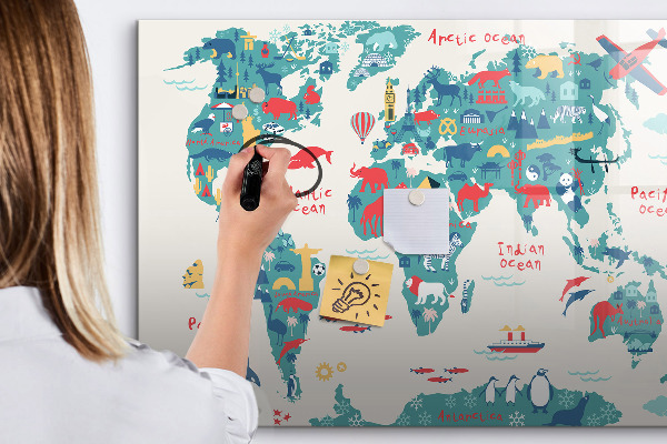 Decoratief glazen wandbord beschrijfbaar en magnetisch Interactieve wereldkaart met magneten