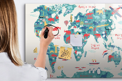 Decoratief glazen wandbord beschrijfbaar en magnetisch Interactieve wereldkaart met magneten