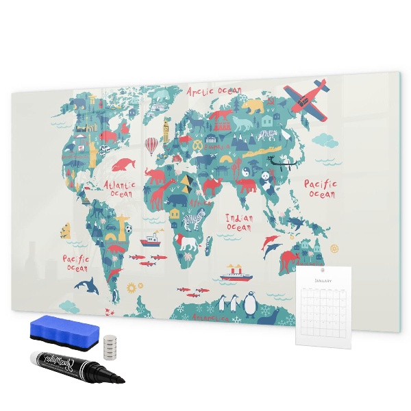 Decoratief glazen wandbord beschrijfbaar en magnetisch Interactieve wereldkaart met magneten