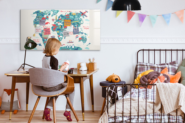 Decoratief glazen wandbord beschrijfbaar en magnetisch Interactieve wereldkaart met magneten