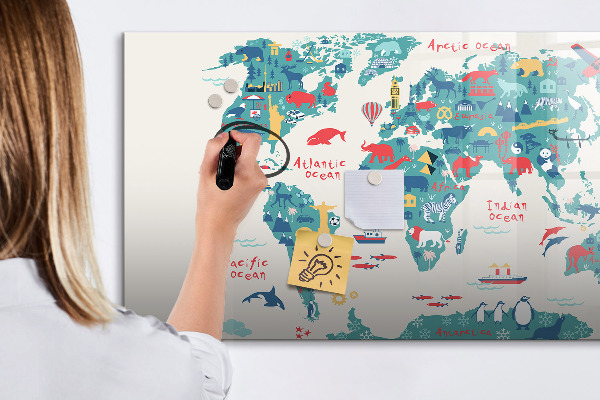 Decoratief glazen wandbord beschrijfbaar en magnetisch Interactieve wereldkaart met magneten