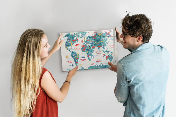 Decoratief glazen wandbord beschrijfbaar en magnetisch Interactieve wereldkaart met magneten