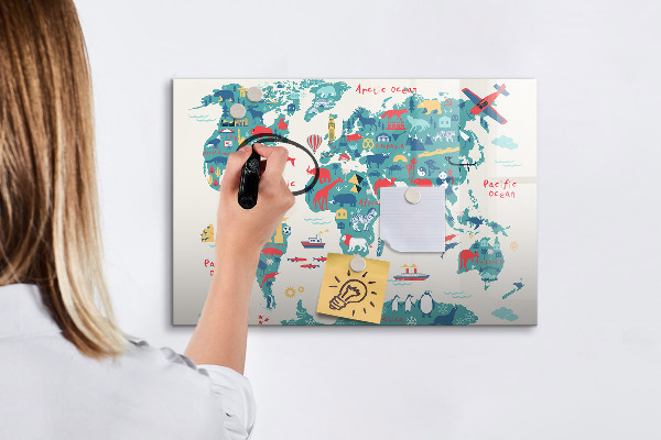 Decoratief glazen wandbord beschrijfbaar en magnetisch Interactieve wereldkaart met magneten