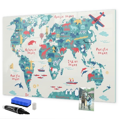 Decoratief glazen wandbord beschrijfbaar en magnetisch Interactieve wereldkaart met magneten