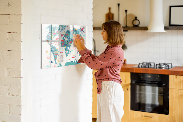 Decoratief glazen wandbord beschrijfbaar en magnetisch Interactieve wereldkaart met magneten