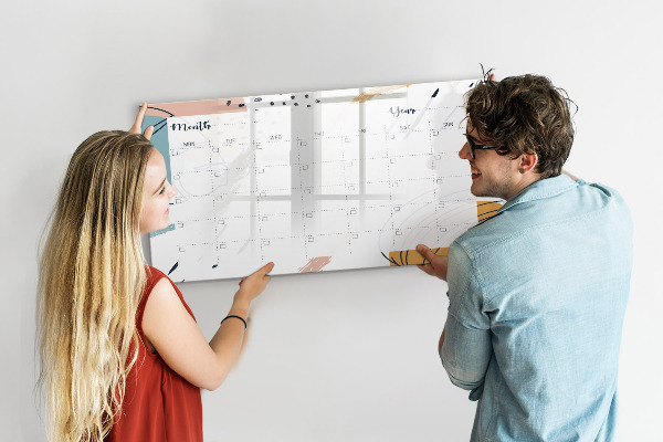 Memobord van glas met print inclusief neodymium magneten Fotoplanner met stift en gum.