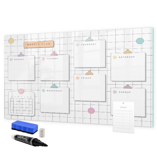 Memobord van glas met print inclusief neodymium magneten Weekplanning met ruimte voor foto's