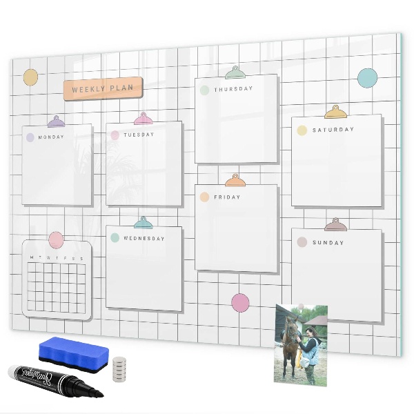 Memobord van glas met print inclusief neodymium magneten Weekplanning met ruimte voor foto's