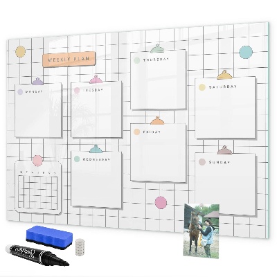 Memobord van glas met print inclusief neodymium magneten Weekplanning met ruimte voor foto's