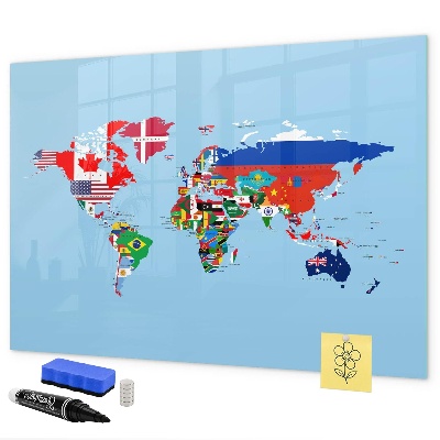 Memobord van glas met print inclusief neodymium magneten Een wereldkaart met plaatsen en herinneringen.