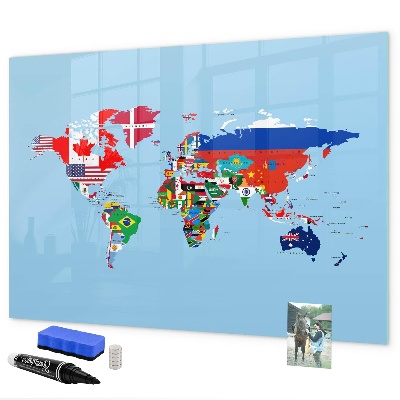 Memobord van glas met print inclusief neodymium magneten Een wereldkaart met plaatsen en herinneringen.