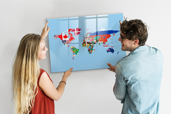 Memobord van glas met print inclusief neodymium magneten Een wereldkaart met plaatsen en herinneringen.