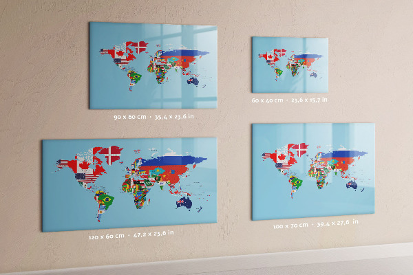 Memobord van glas met print inclusief neodymium magneten Een wereldkaart met plaatsen en herinneringen.