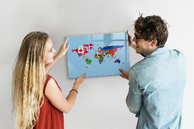 Memobord van glas met print inclusief neodymium magneten Een wereldkaart met plaatsen en herinneringen.
