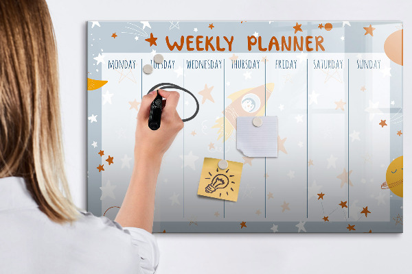 Decoratief glazen wandbord beschrijfbaar en magnetisch Weekplanner met ruimte voor foto's