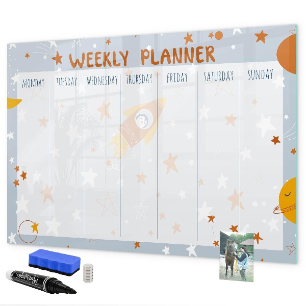 Decoratief glazen wandbord beschrijfbaar en magnetisch Weekplanner met ruimte voor foto's