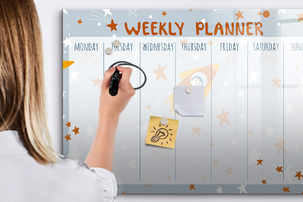 Decoratief glazen wandbord beschrijfbaar en magnetisch Weekplanner met ruimte voor foto's