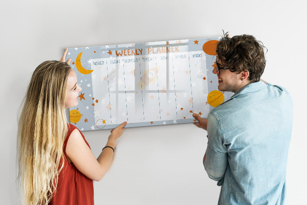 Decoratief glazen wandbord beschrijfbaar en magnetisch Weekplanner met ruimte voor foto's