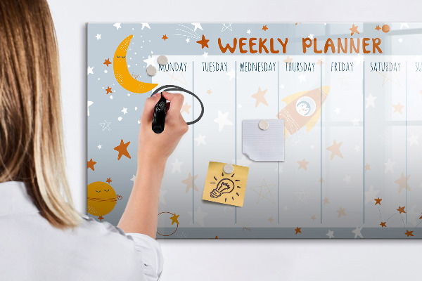 Decoratief glazen wandbord beschrijfbaar en magnetisch Weekplanner met ruimte voor foto's
