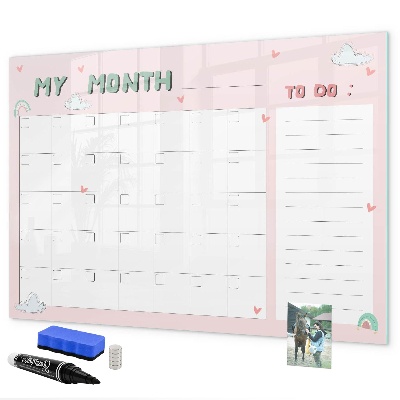Memobord van glas met print inclusief neodymium magneten Maandelijkse planning met vrienden en foto's