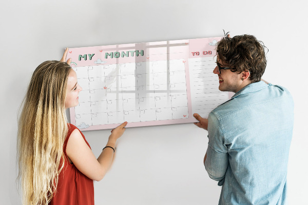 Memobord van glas met print inclusief neodymium magneten Maandelijkse planning met vrienden en foto's