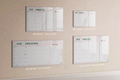 Memobord van glas met print inclusief neodymium magneten Maandelijkse planning met vrienden en foto's